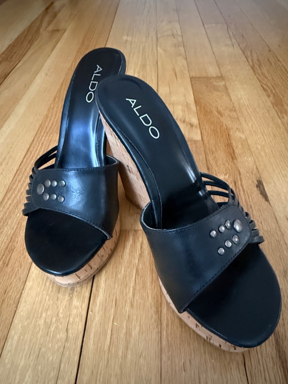 ALDO Black Leather Platform Wedge Sandals